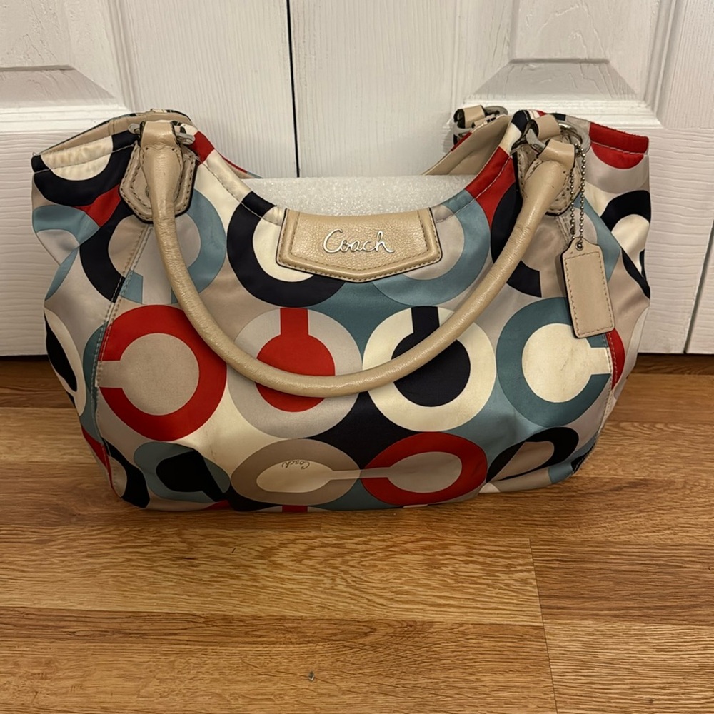 Coach red, white, tan and blue purse